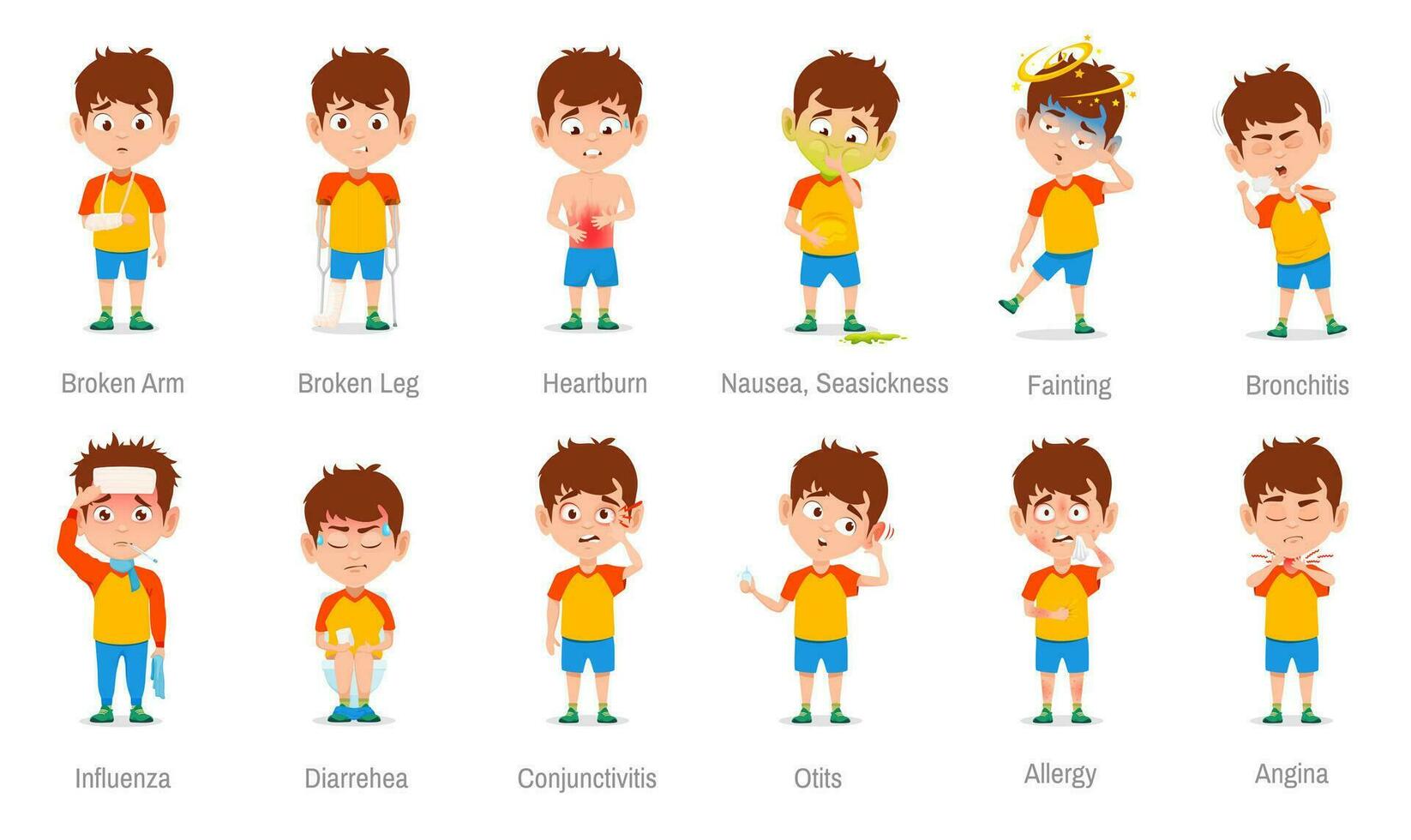 Sick kid symptoms icons, boy child disease, trauma vector