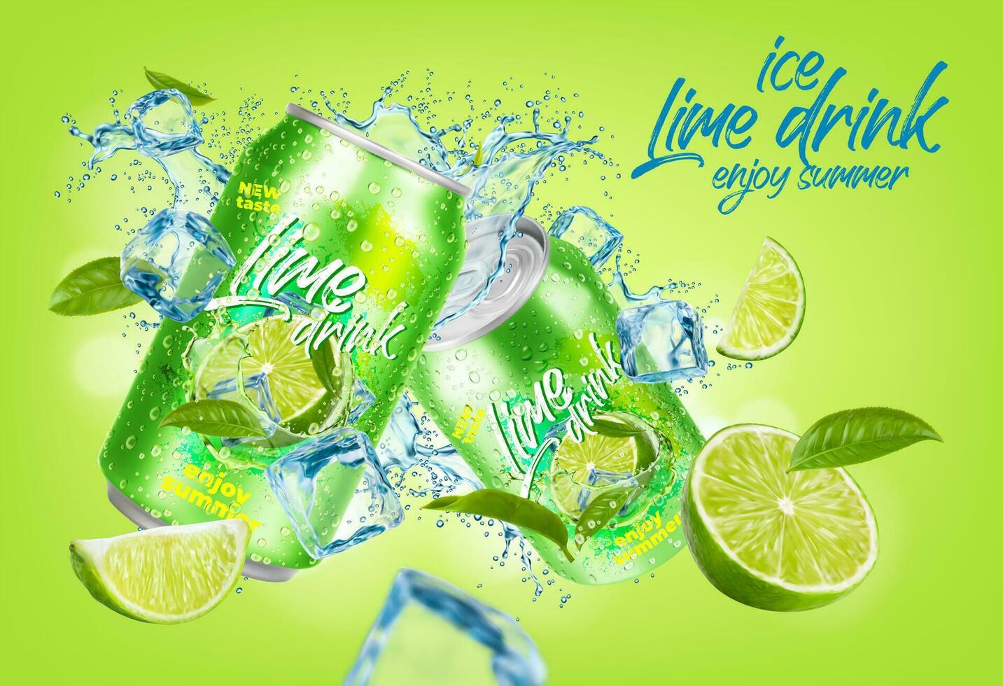 Ice lime drink can. Lime, water splash, tea leaves vector