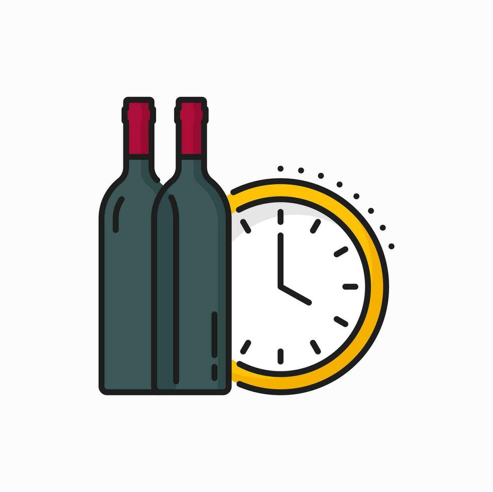 reloj y vino botella. hora a relajarse y bebida vector