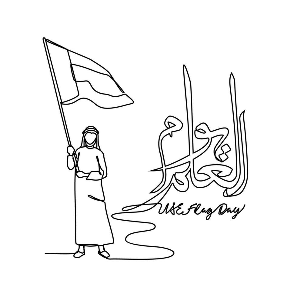 One continuous line drawing of UAE Flag Days with white background. Patriotic design in simple linear style. UAE flag day design concept vector illustration. Translation is Happy UAE flag day