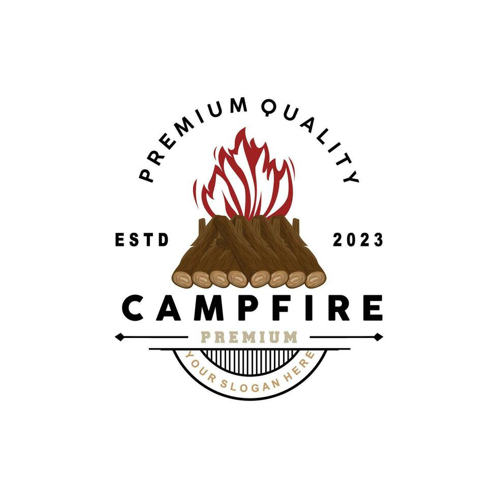 Campfire Logo Design, Bonfire Vector, Adventure Camp Outdoor Wood Flame Vintage Retro Illustration vector