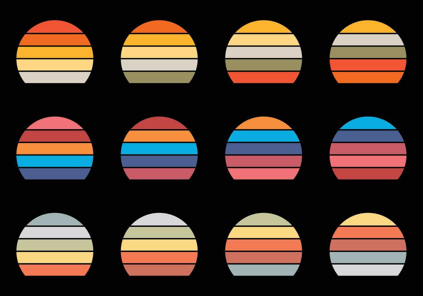 Retro Vintage Sunsets Pack Whit Different Colors vector