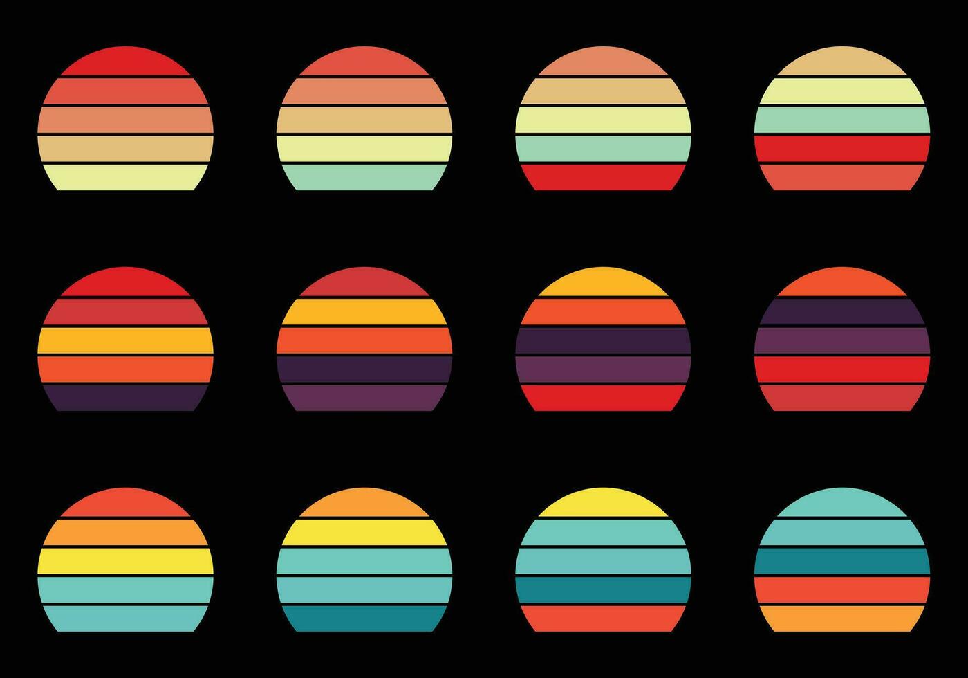 retro Clásico puestas de sol paquete pizca diferente colores vector