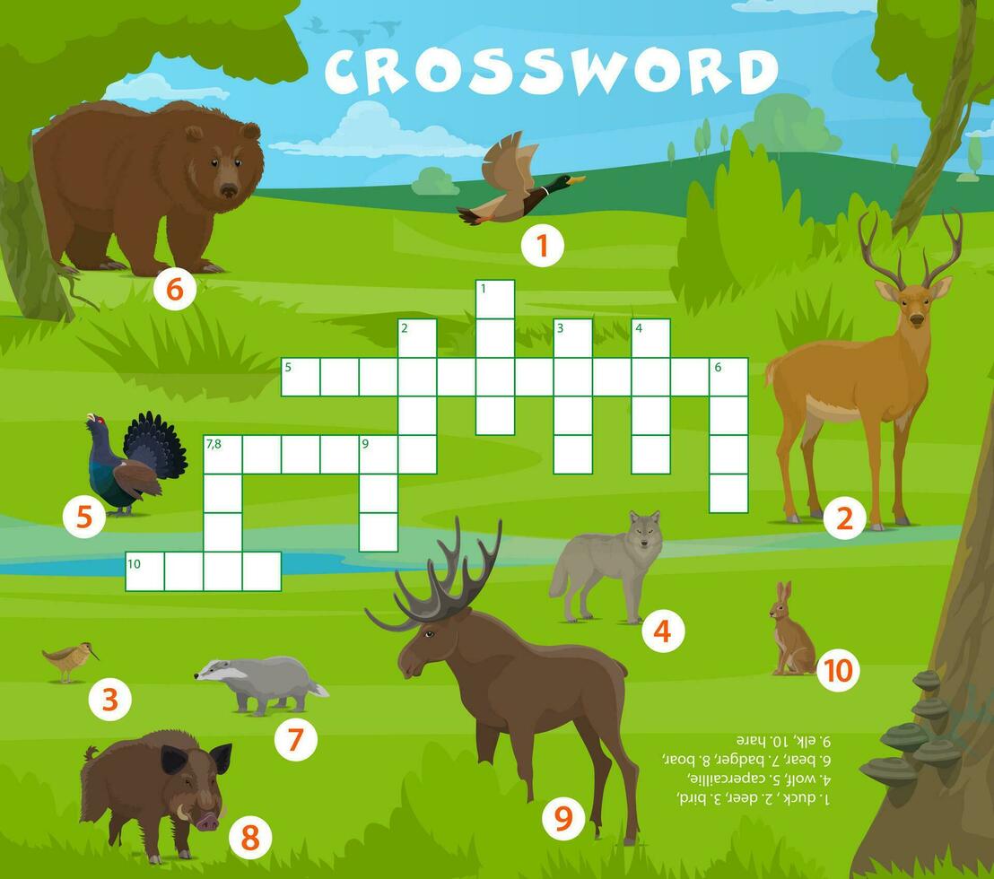 crucigrama examen juego con bosque animales y aves vector