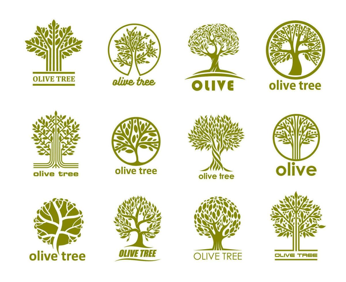 Olive tree icons, olive oil labels, organic food vector