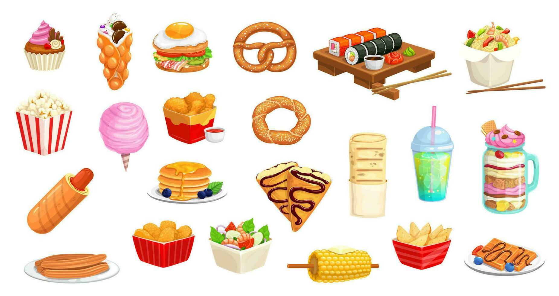 Cartoon fast food snacks, desserts, sandwiches vector