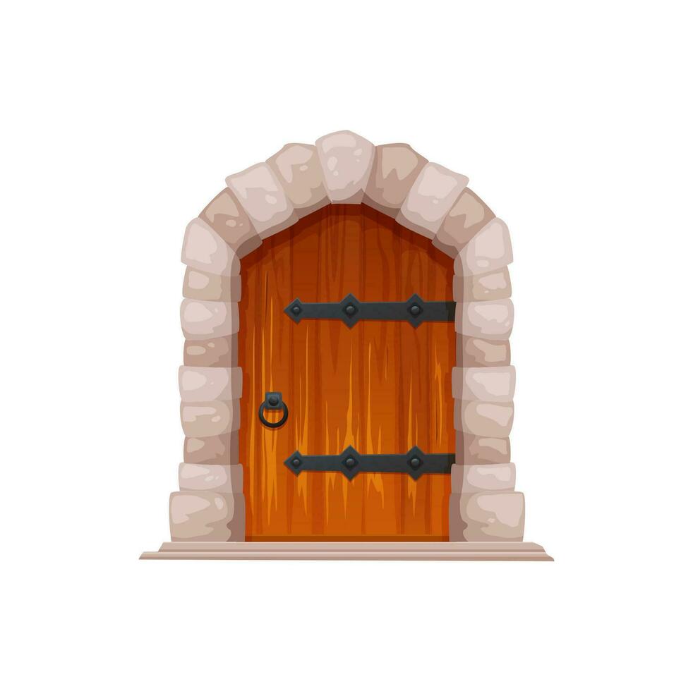 Cartoon medieval castle gate, dungeon wooden door vector