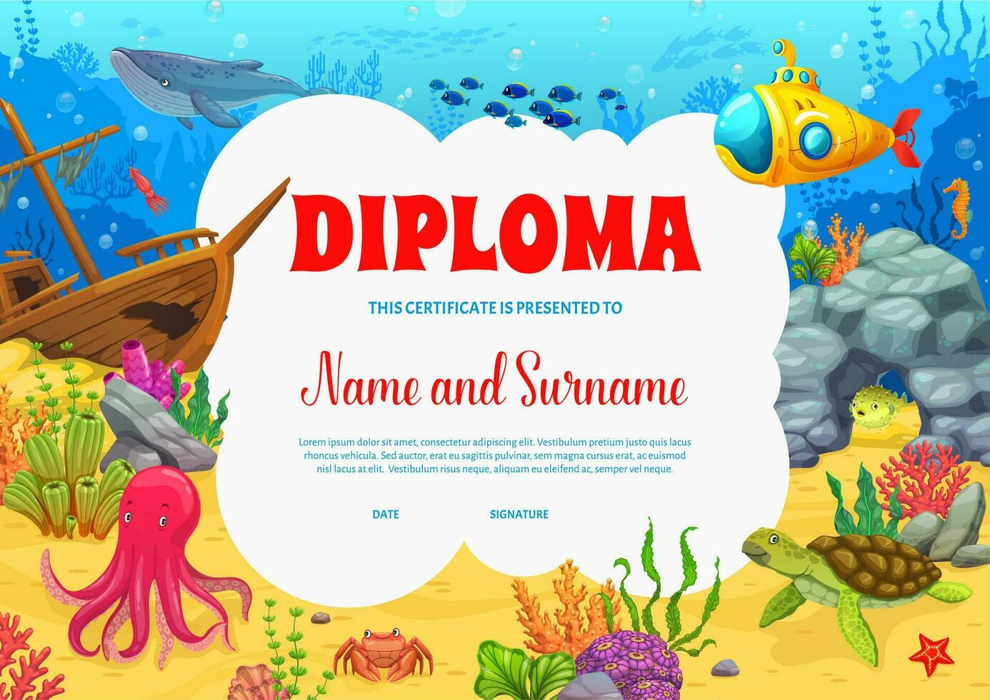 niños diploma, dibujos animados mar submarino paisaje vector