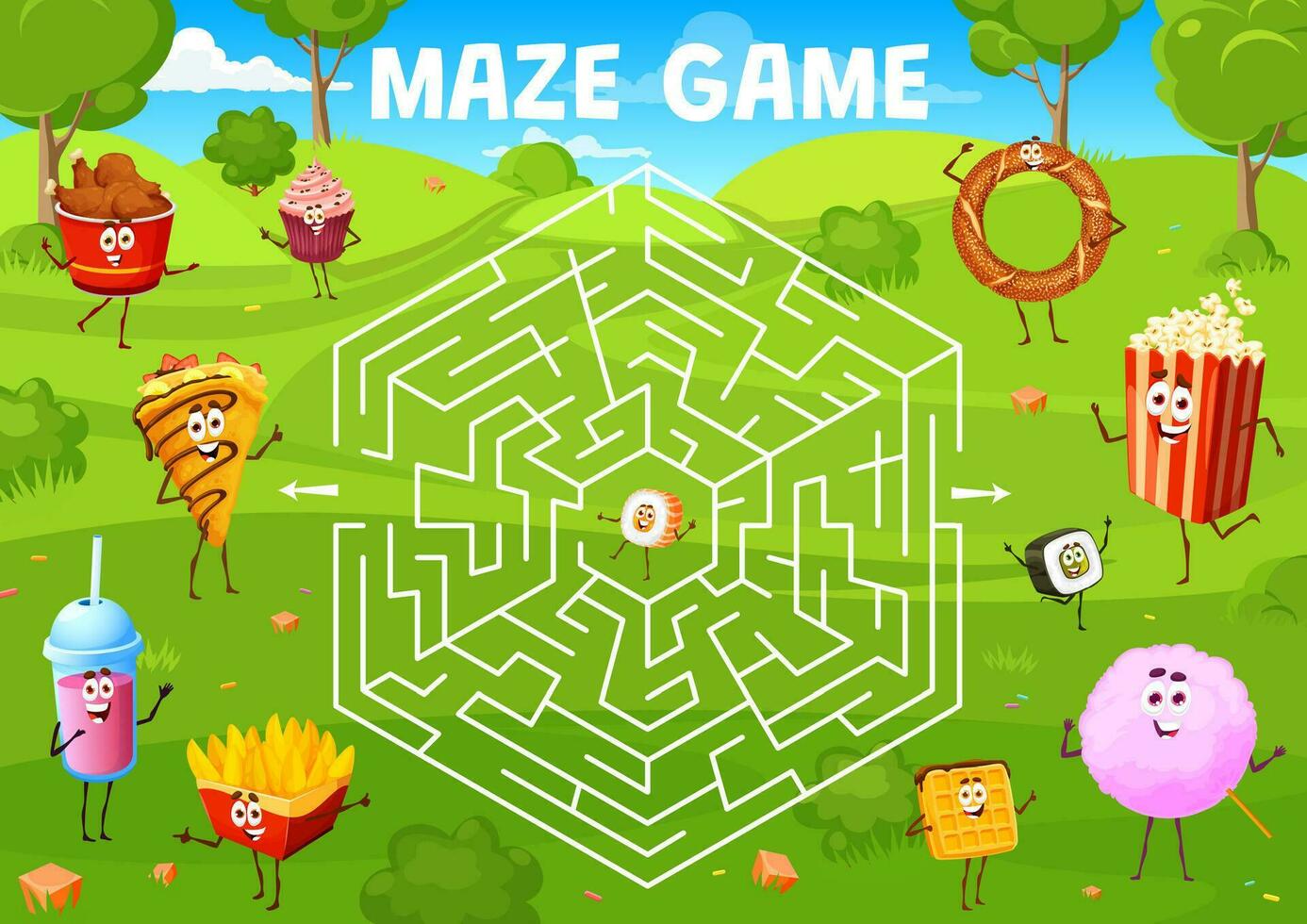 Labyrinth maze game cartoon fast food personages vector