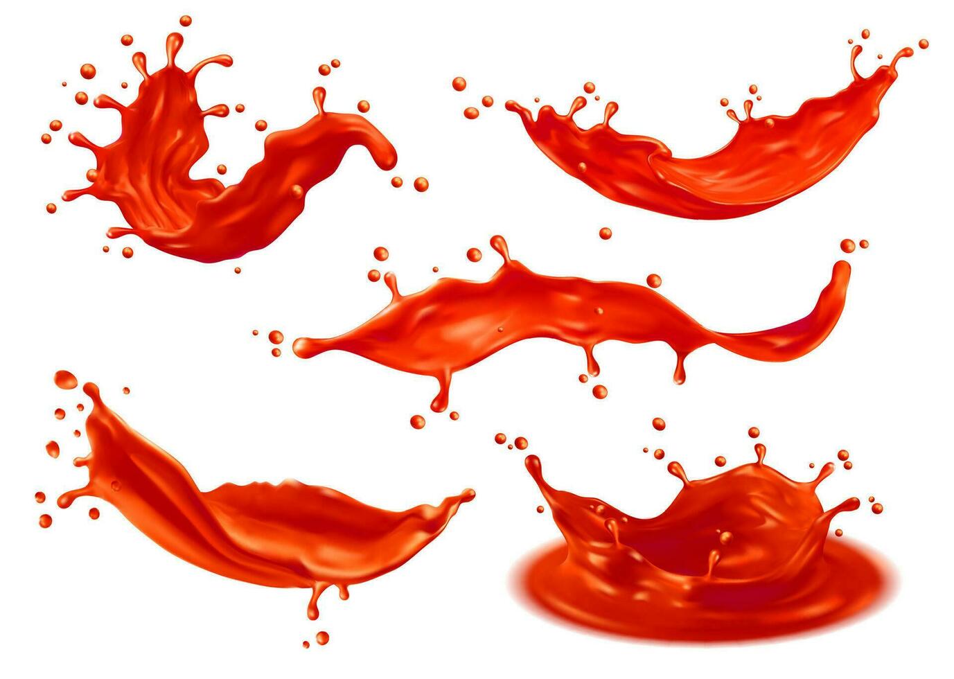 Tomato ketchup sauce splashes, red liquid juice vector