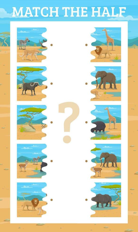 Match half of cartoon african savannah animals vector
