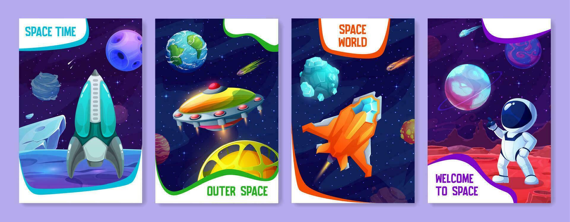dibujos animados espacio carteles, vector vertical tarjetas
