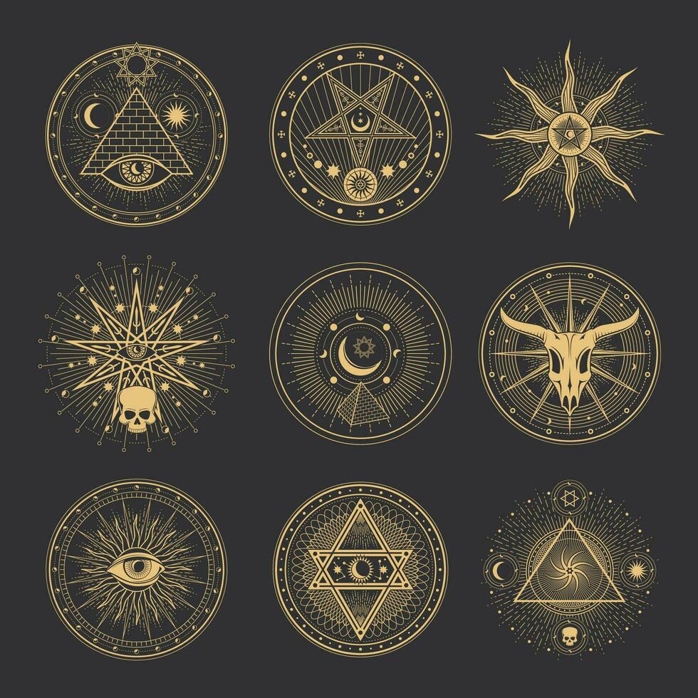 Occult pentagrams, skull, pyramid esoteric symbols vector
