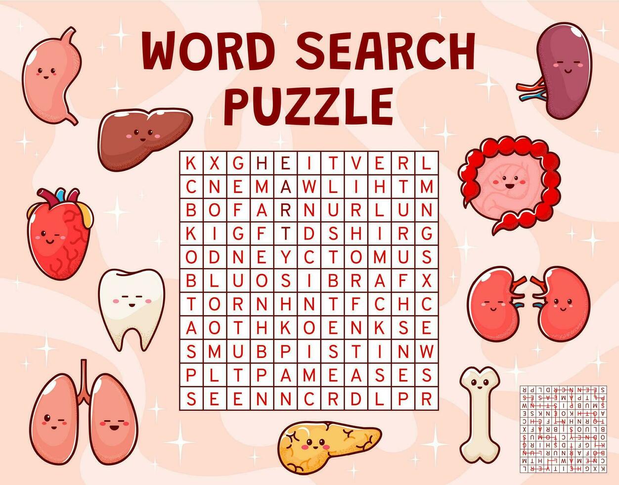 Word search puzzle game with body organ characters vector