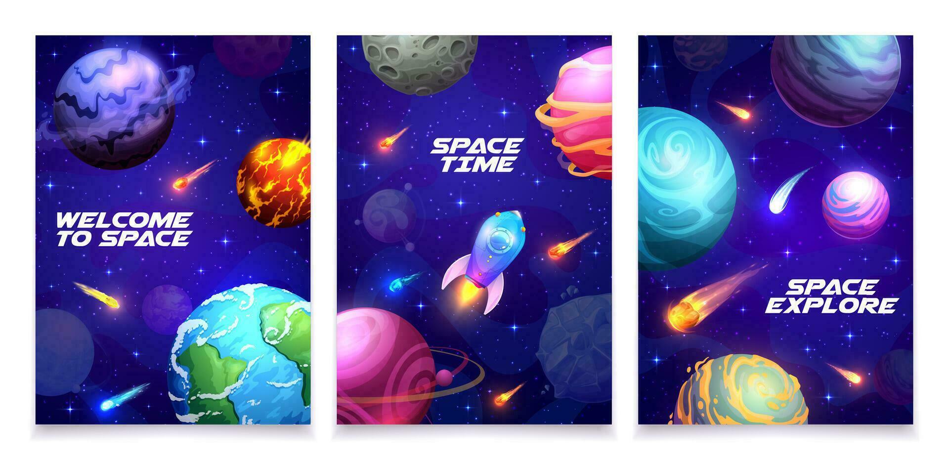 Cartoon space posters, galaxy spaceship, planets vector