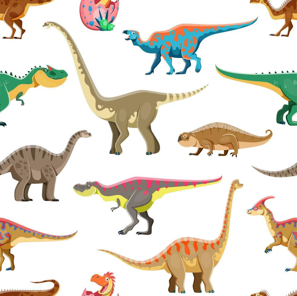Funny dinosaur cartoon characters seamless pattern vector