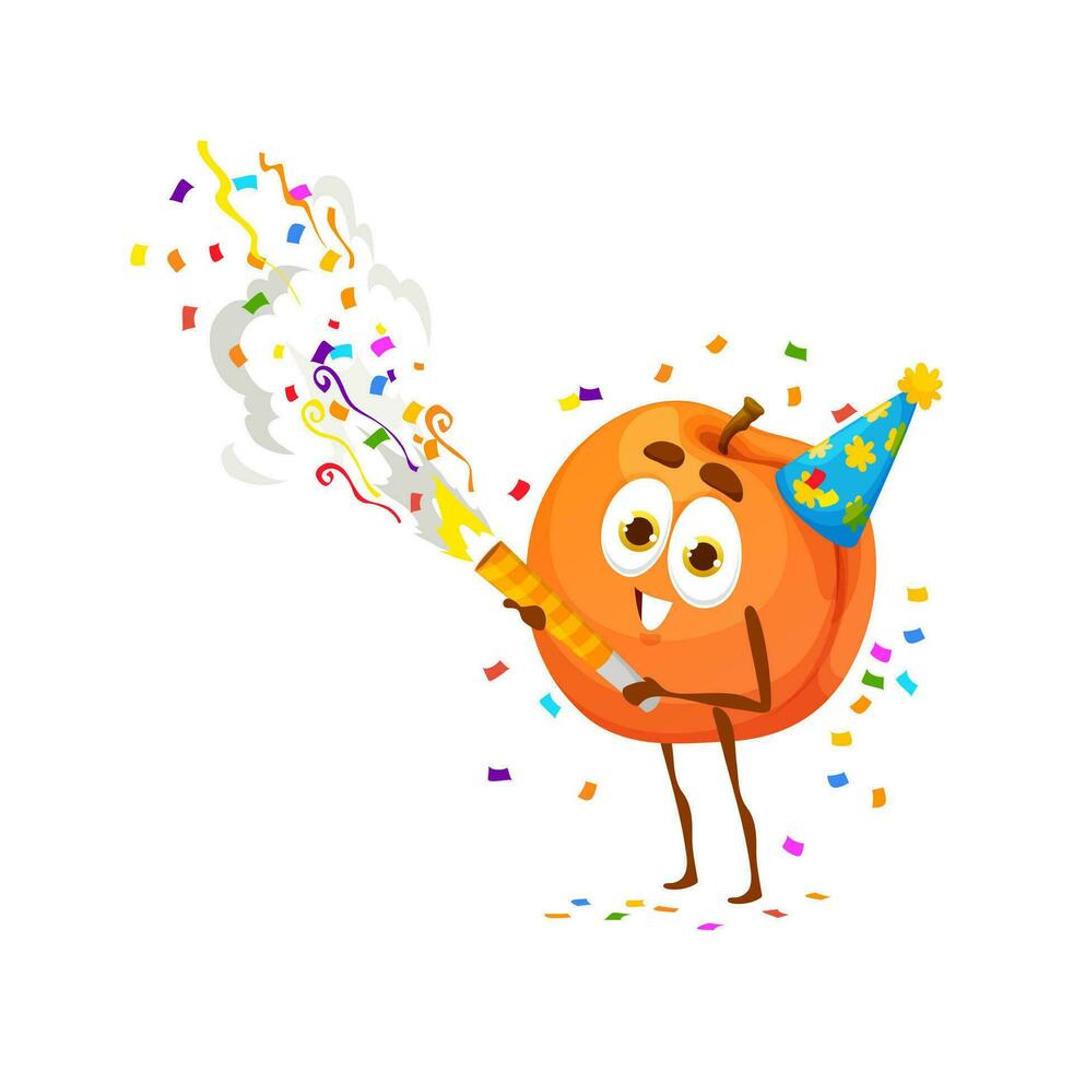 Cartoon peach fruit character on birthday holiday vector