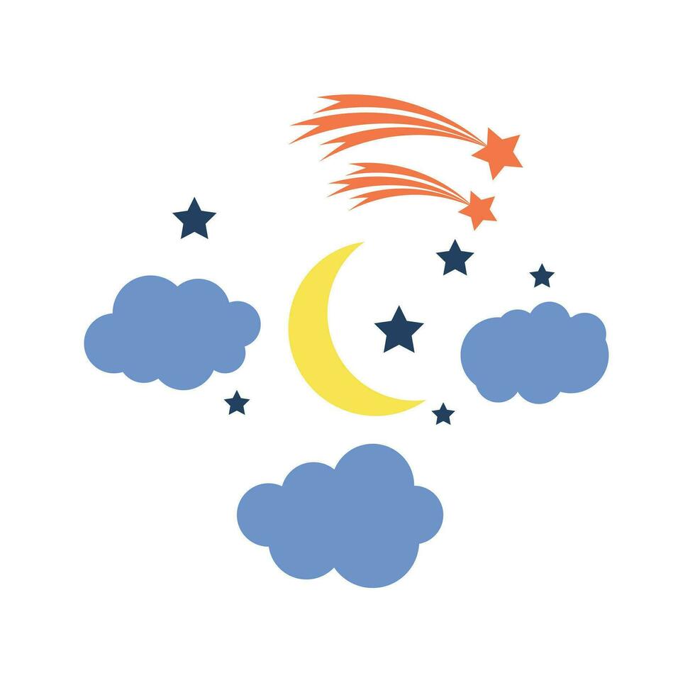 Time to sleep vector flat icon. Moon, stars, comet and clouds signs. Night flat icon on white.