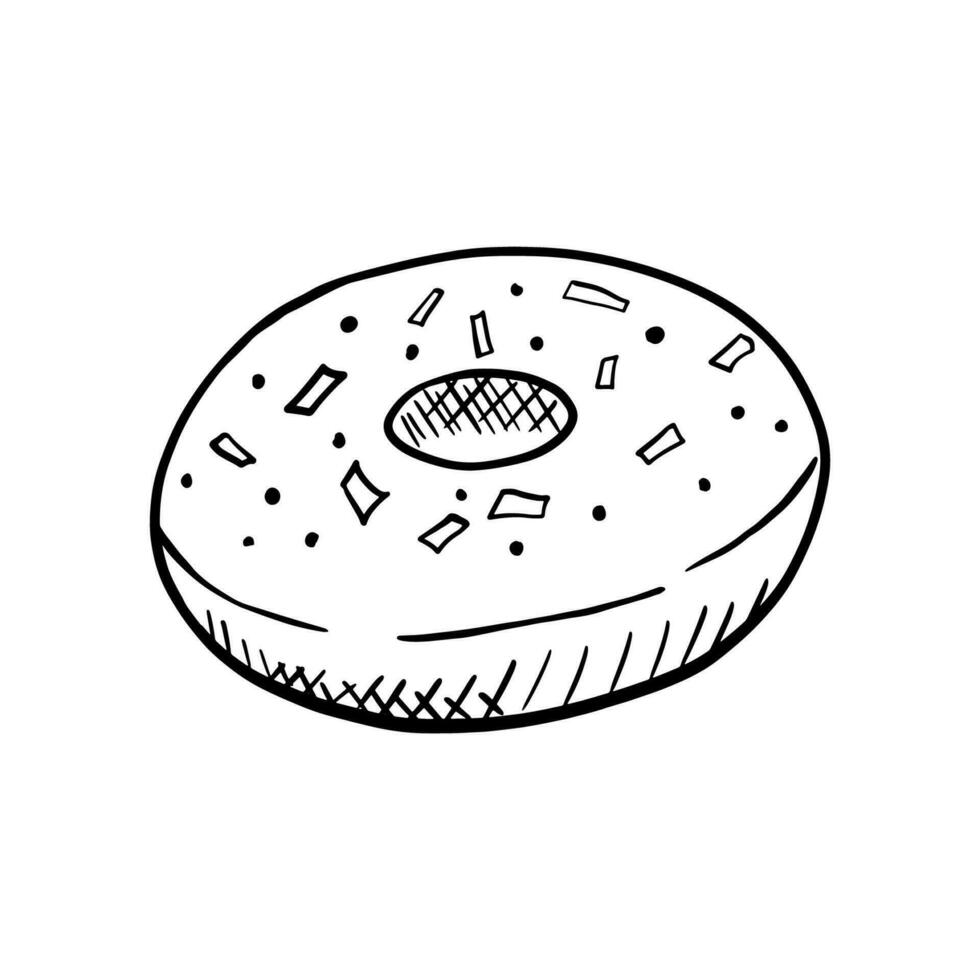 Donut black and white outline sketch. Line sweet isolated on white background. Doodle illustration vector