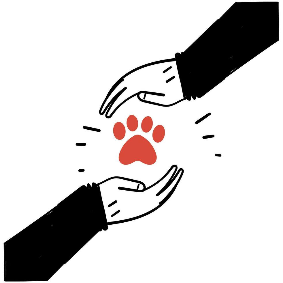 hand drawn doodle hand holding animal paw illustration vector