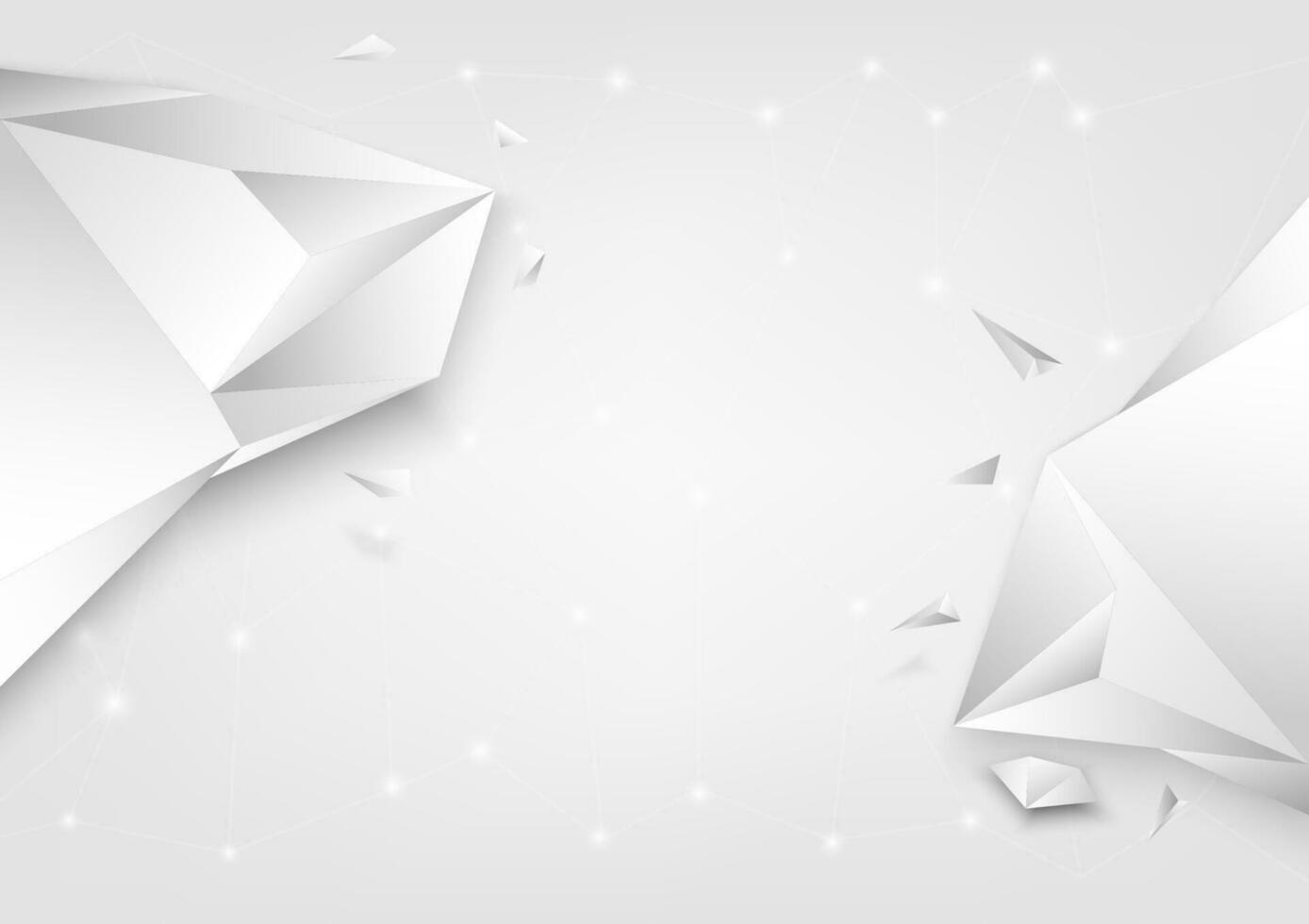 White polygonal shape vector on gradient white background with connecting dots and lines. Abstract geometric 3D illustration for web banner, poster, flyer and brochure.