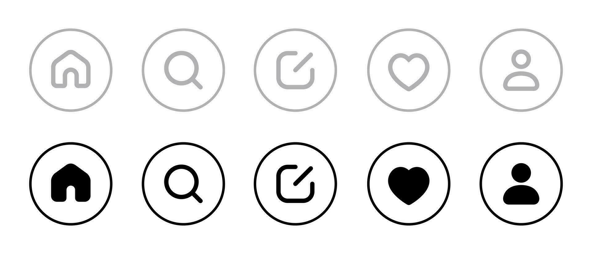Home, search, new thread, activity, and profile icon vector in circle line. Social media elements