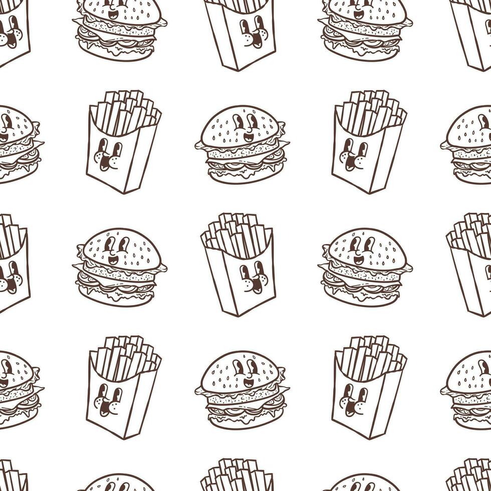cute burger french fries character seamless pattern vector
