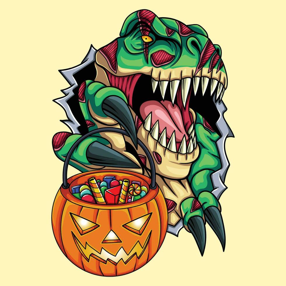 T rex zombie hold pumpkin vector illustration
