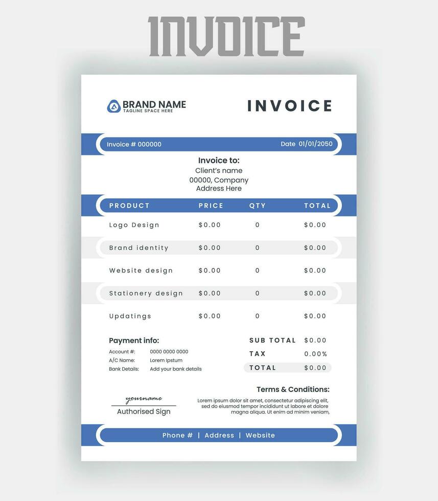 corporativo moderno mínimo negocio factura formar modelo. facturación citas, dinero factura, impuesto forma, pago recibo, precio facturas y pago acuerdo diseño modelo vector