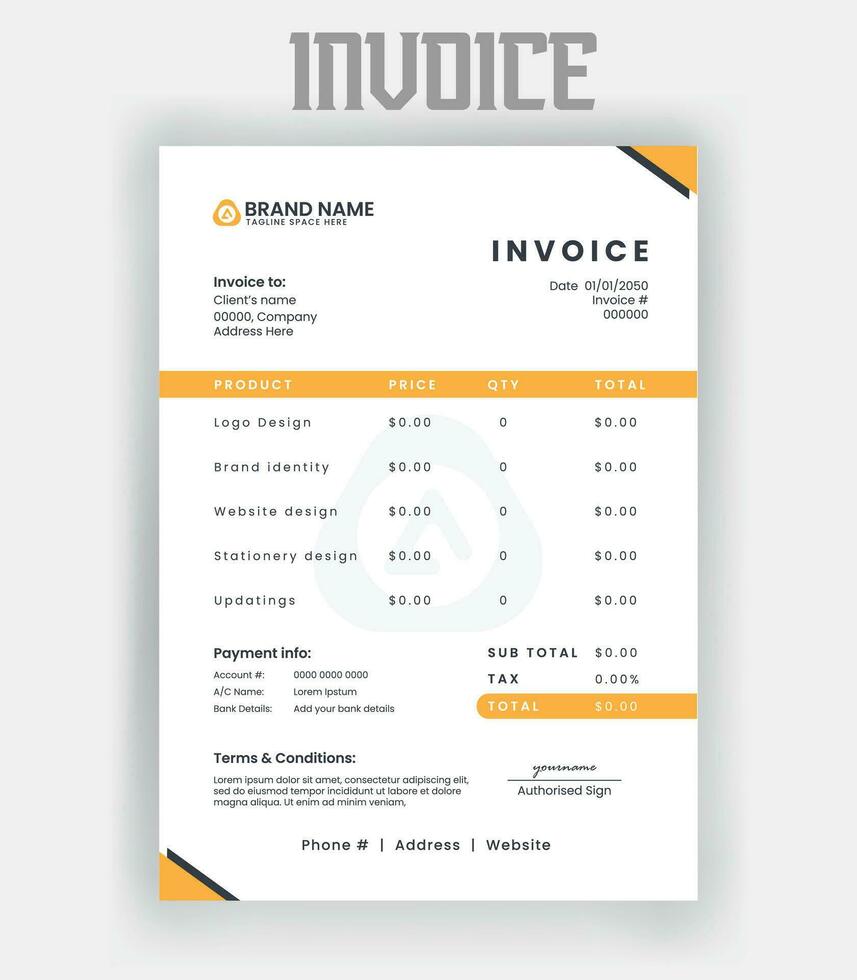 corporate modern minimal Business invoice form template. Invoicing quotes, money bill, Tax form, payment receipt, price invoices and payment agreement design template vector