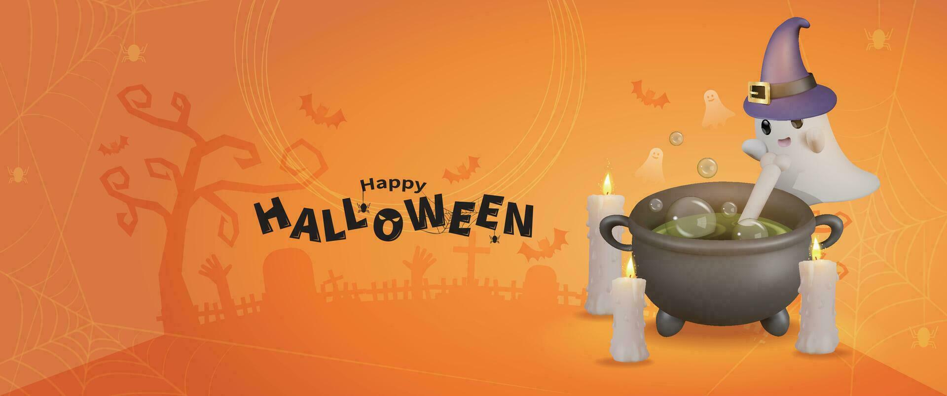 Halloween orange banner with cobwebs, ghosts, candles and more in the background vector