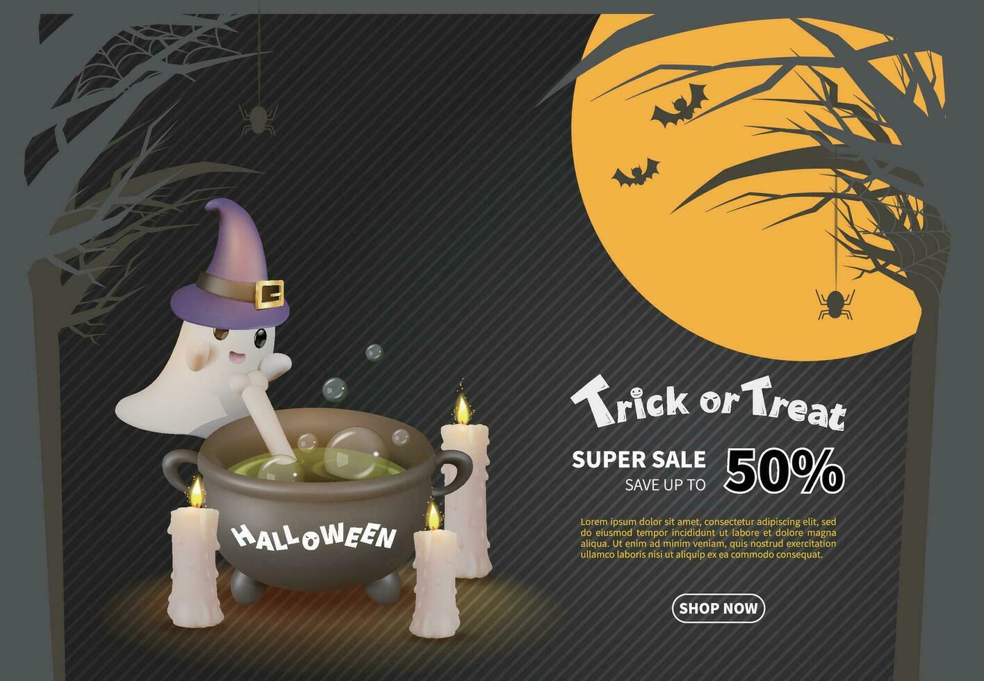 Halloween black sale page with spider webs, ghosts, candles, eyeballs and more in the background vector