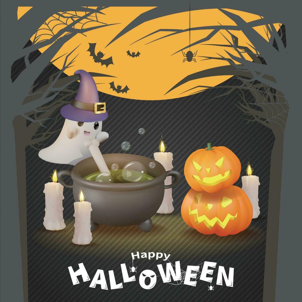 Halloween greeting card with pumpkins, ghost and magic pot on black background vector