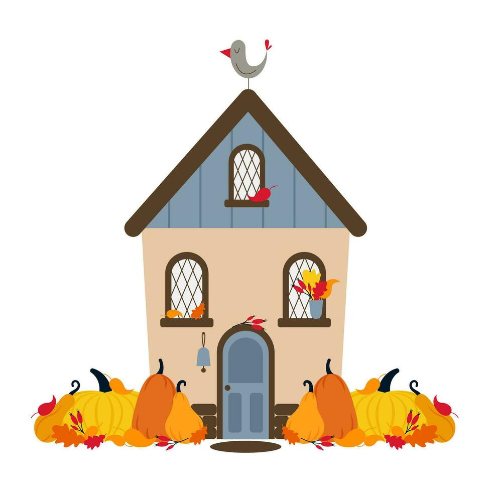Autumn cute house with bird, leaves, berries and pumpkins. Sweet home or welcome home concept. Vector flat illustration.