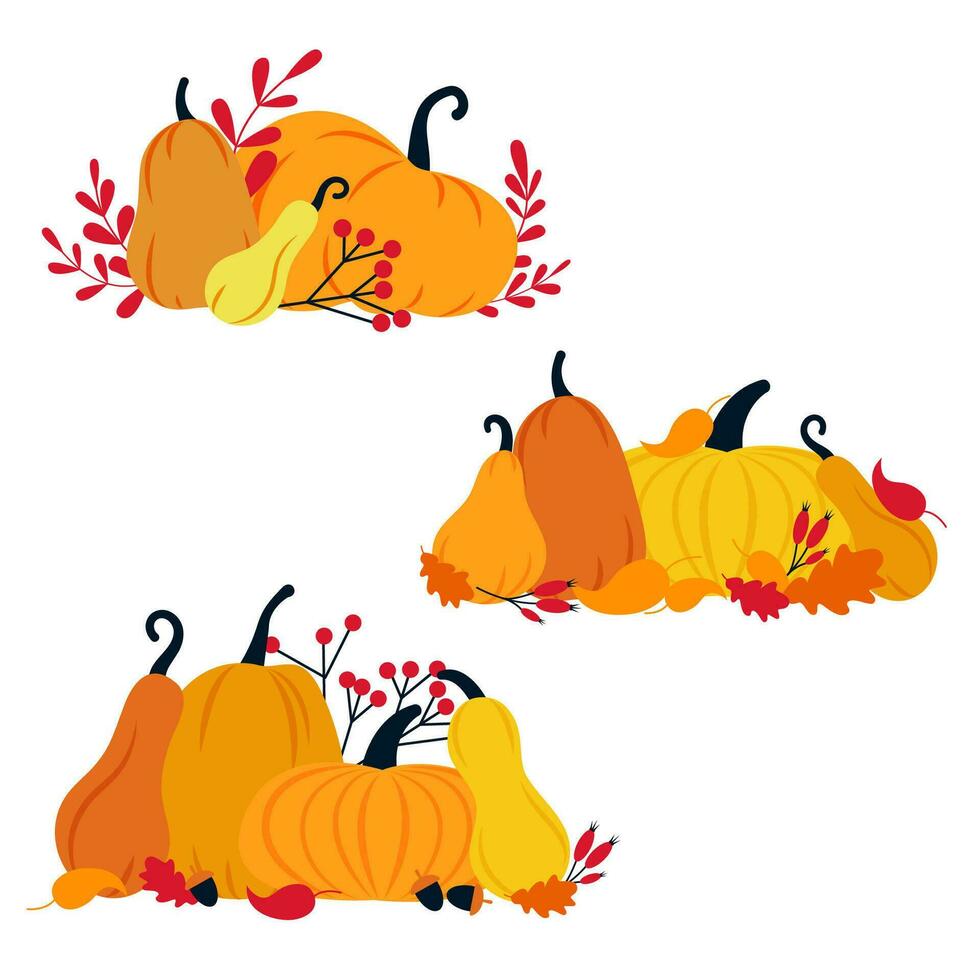 Vector autumn hand-drawn different pumpkins with leaves and berries composition. Good for card, sticker, poster, notebook, calendar, harvest festival, Halloween, Thanksgiving.