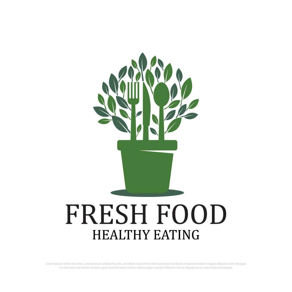 Fresh food logo design vector,health organic plants growing in the pots vector illustrations