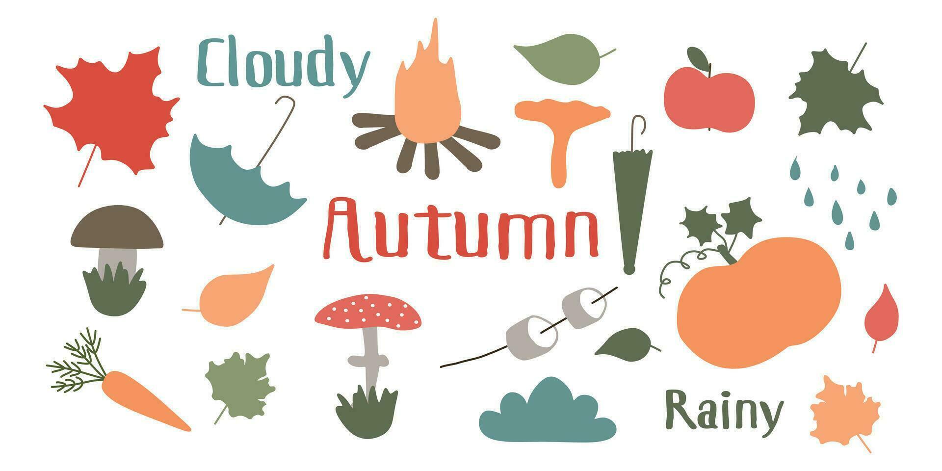 conjunto de otoño vector ilustraciones. calentar pastel dibujos animados colección de diseño elementos. estacional clipart con otoño hojas, hongos, paraguas, calabaza, malvavisco, hoguera, letras, cosecha.