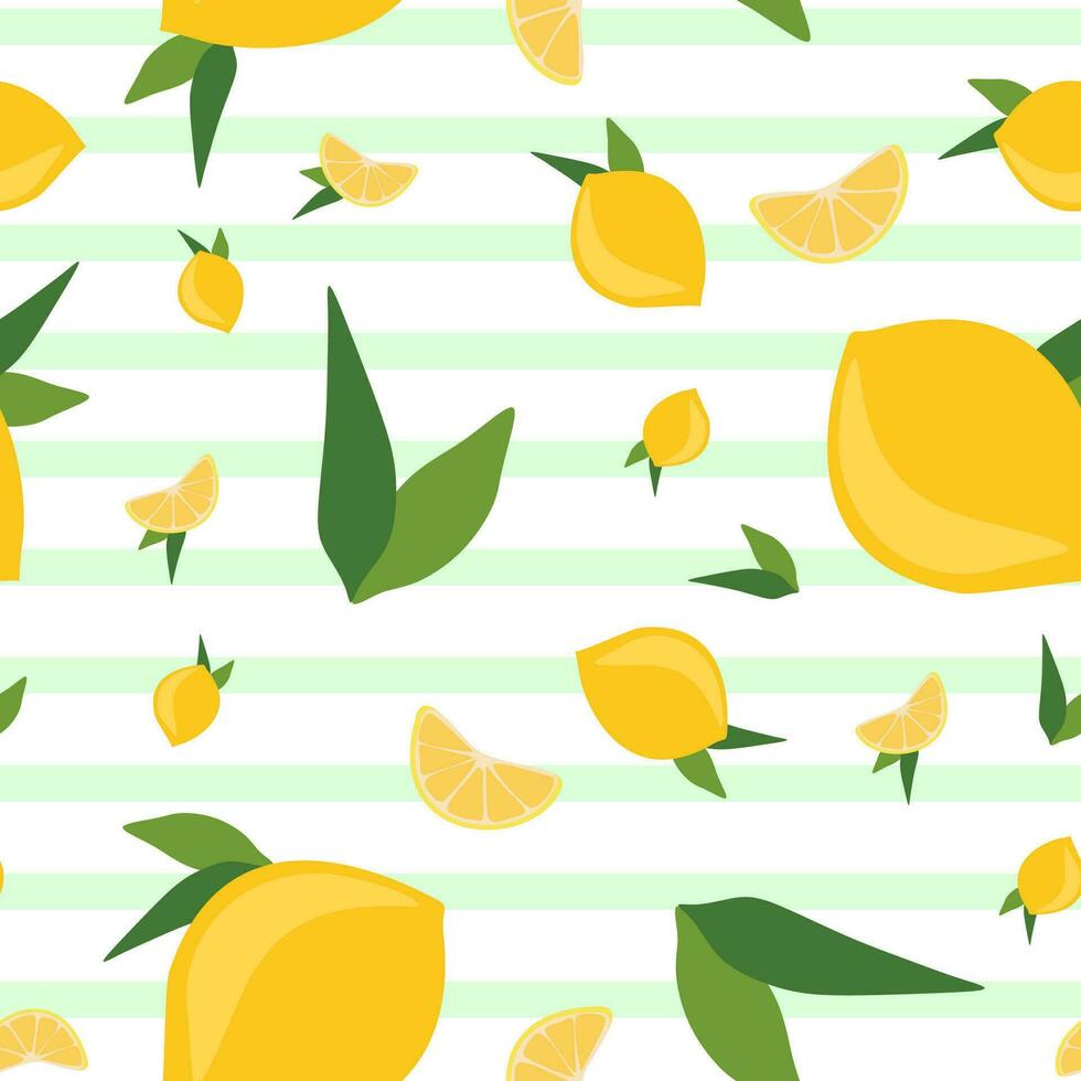 Seamless flat lemon pattern. Citrus fruit and mint stripes. Vector summer and mojito endless background. Fabric or wrapping paper template. Tropical juicy illustration for banner, package, card, decor
