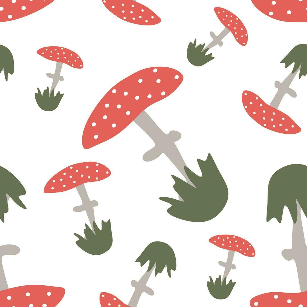 Seamless Amanita cartoon pattern. Vector endless red Mushroom background. Nature, fungus, grass, autumn illustration. Design graphic for fabric, postcard, textile, poster, decoration, wallpaper.