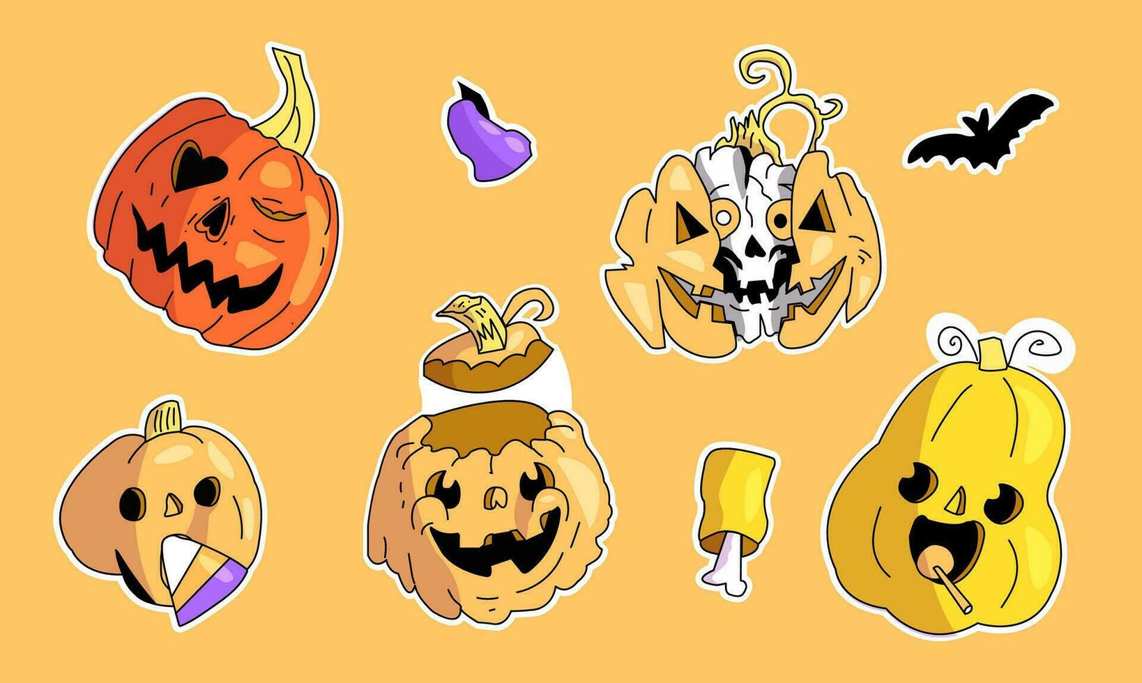 Víspera de Todos los Santos elementos calabazas pegatinas vector