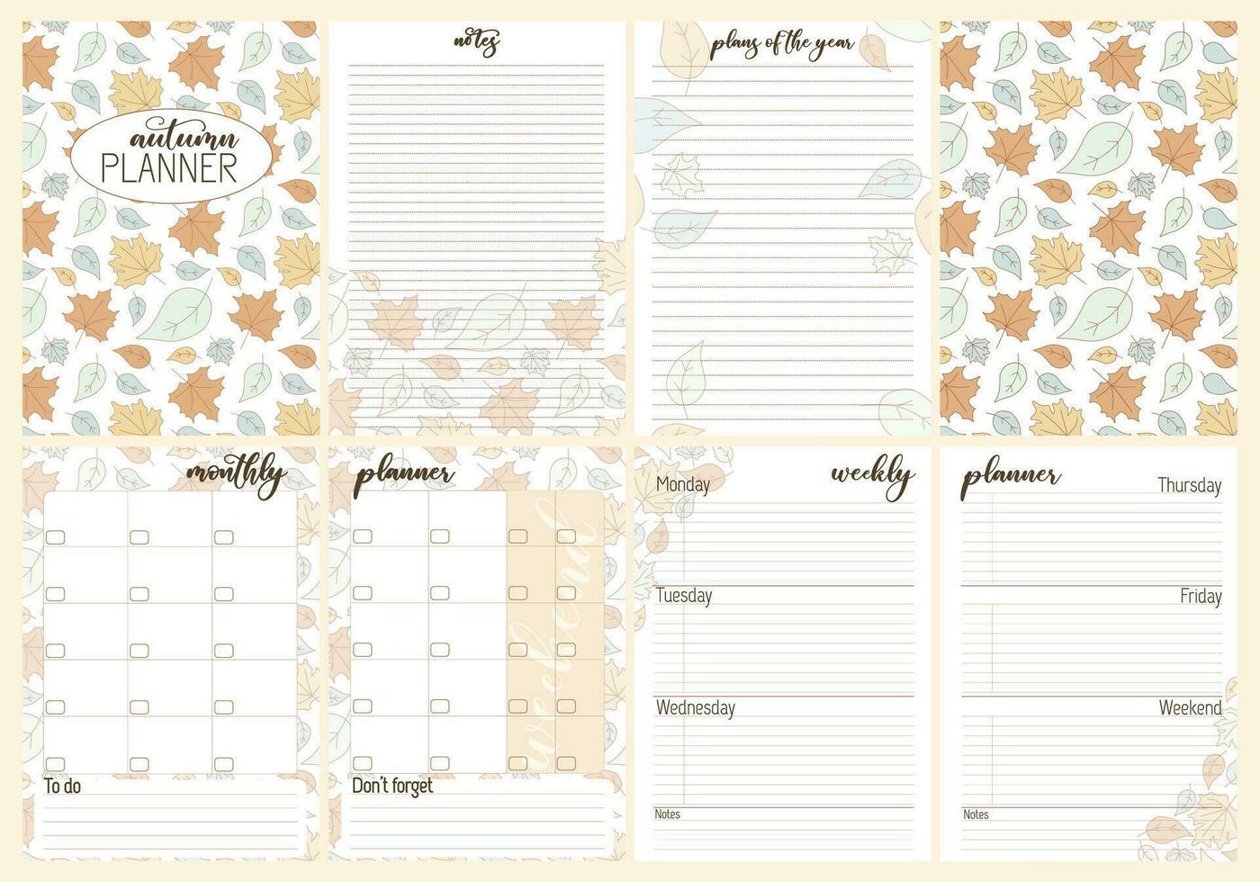 conjunto de semanal o polilla planificador, notas modelo con que cae hojas, otoño follaje, acogedor estilo. colección de moda paginas en floral diseño. editable vector ilustración. para computadora portátil, planificador, calendario