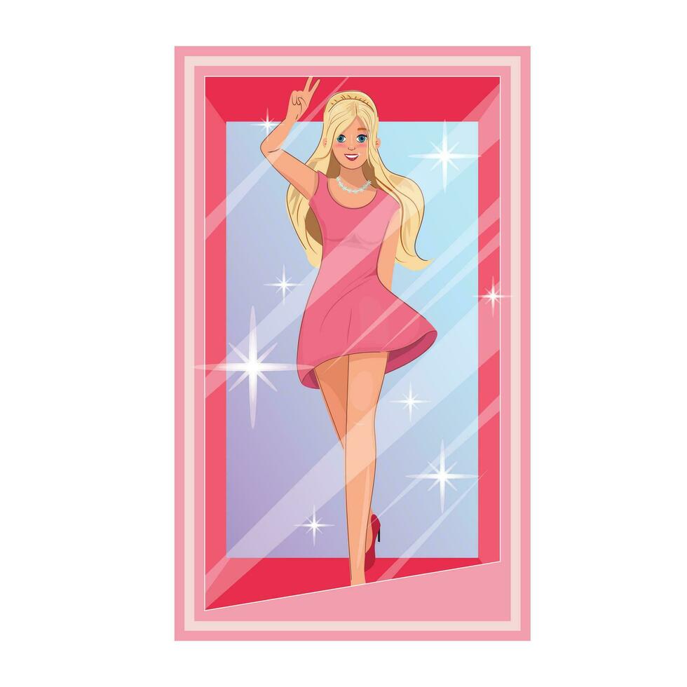 Barbie muñeca vistiendo un rosado vestido. Barbie muñeca en el caja. vector