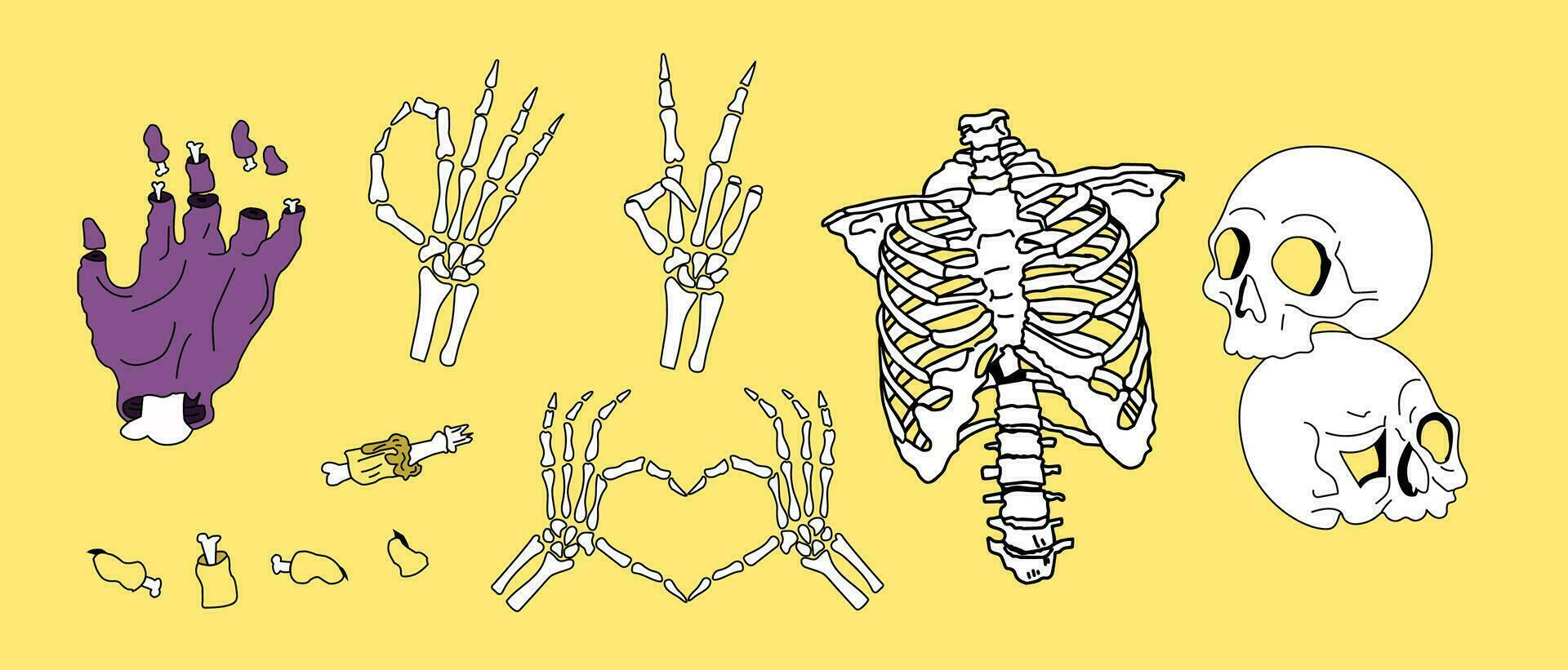 funny hand-drawn Halloween skeletons and skulls and wizards' hands. vector