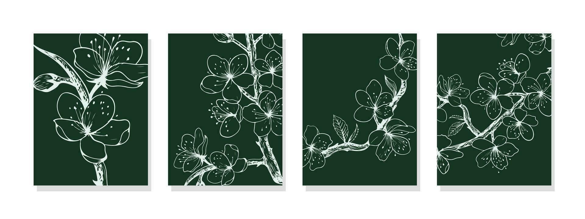 Symphony of sakura adorns the room with four dark green canvas prints capturing the delicate beauty of cherry blossoms. White floral patterns add elegance. vector