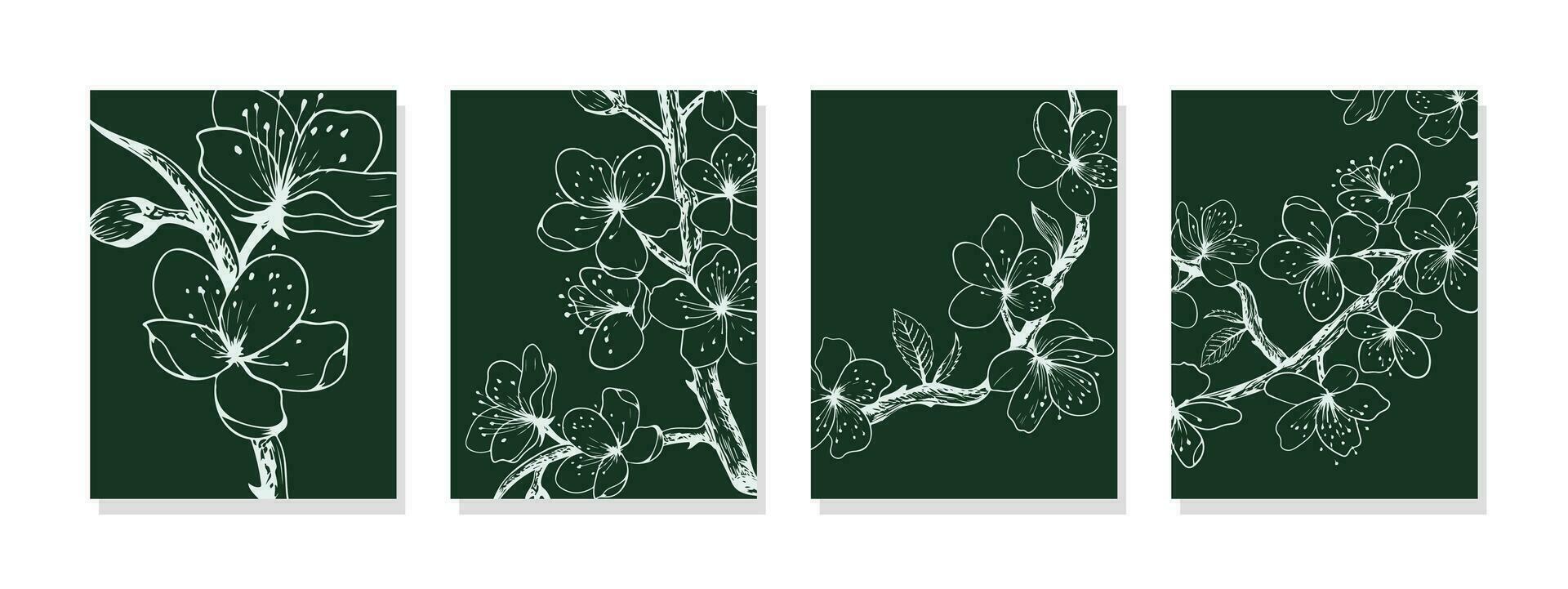 sinfonía de sakura adorna el habitación con cuatro oscuro verde lona huellas dactilares capturar el delicado belleza de Cereza flores blanco floral patrones añadir elegancia. vector