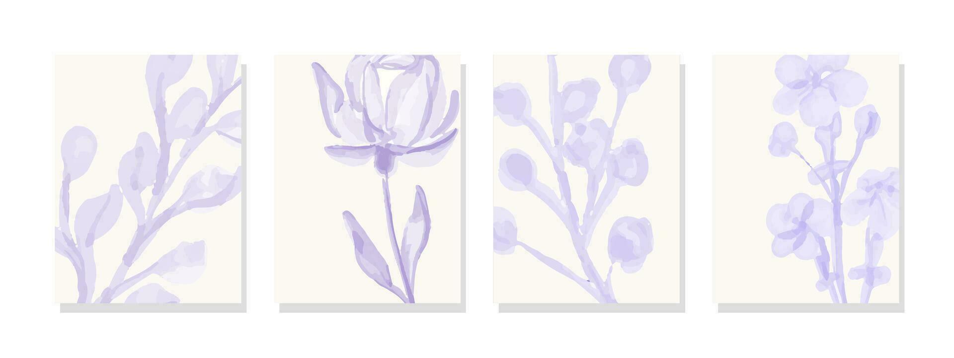 Delicate purple floral blossoms captivate against a pristine white backdrop, showcasing vibrant hues and harmonious arrangement in a captivating watercolor painting. vector