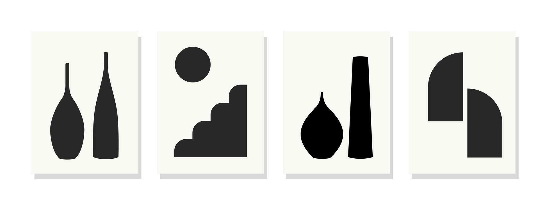 un colección de minimalista negro y blanco resumen Arte explora forma, contraste, y percepción en un prístino blanco lienzo. vector