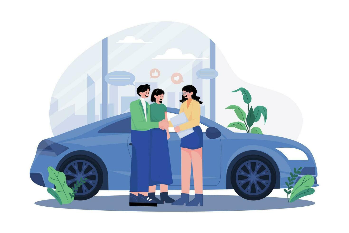 Happy customers couple handshaking with a manager in an auto salon vector