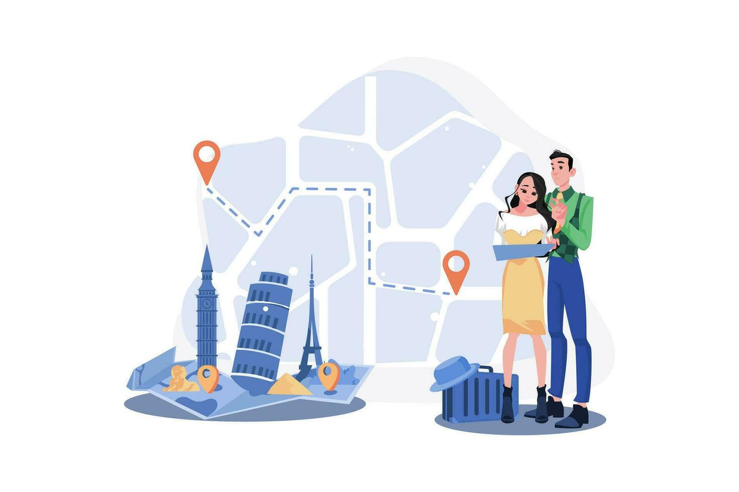 A couple is researching new places on the map vector