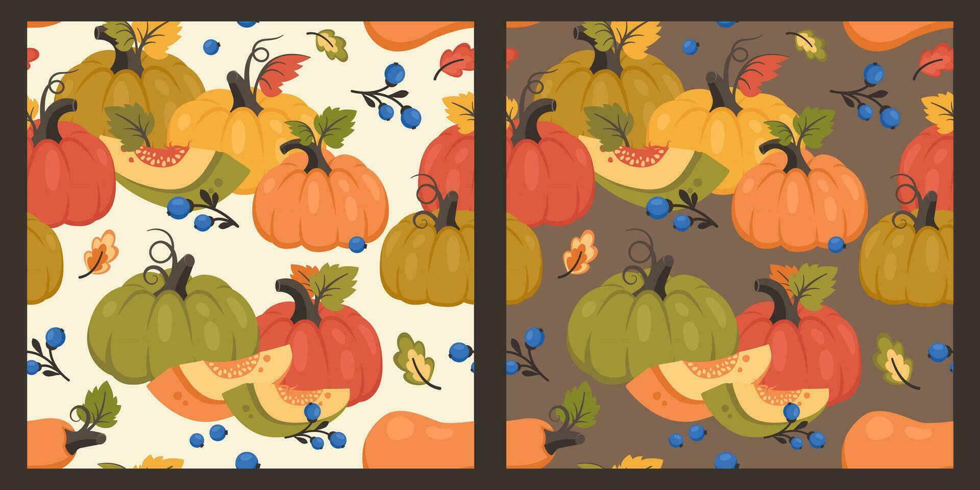 Autumn seamless pattern. Set of fall background with whole pumpkin and half, leaves, berries. Thanksgiving day. Seasonal harvest. Vector illustration for wallpapers, textile, wrapping paper, print